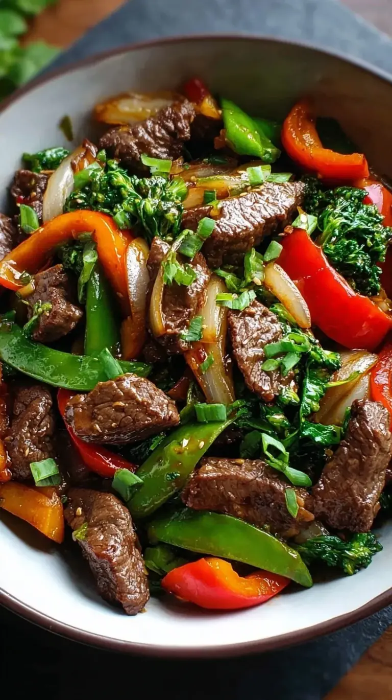 A colorful beef stir fry with broccoli, red peppers, and snap peas in a savory sauce.