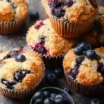 A plate of golden brown blueberry protein muffins with fresh berries nearby.