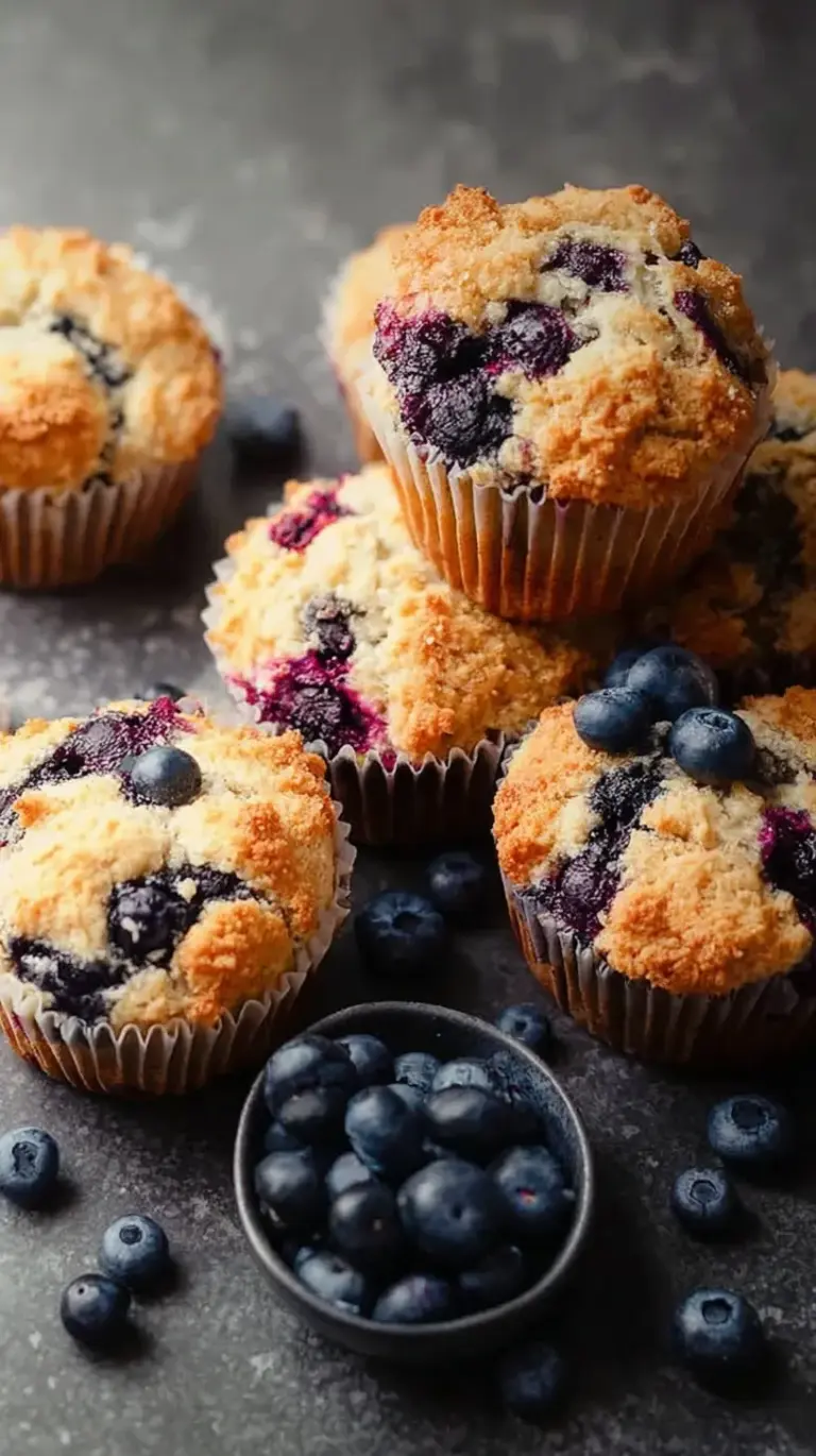 A plate of golden brown blueberry protein muffins with fresh berries nearby.
