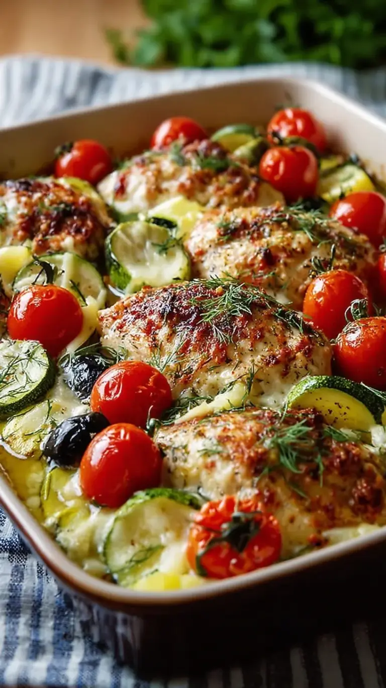 Mediterranean chicken zucchini bake in a ceramic dish with roasted zucchini, tomatoes, and feta cheese.