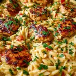 A skillet of creamy Cajun chicken alfredo orzo with golden chicken and fresh parsley.