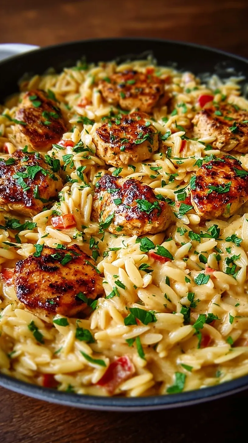 A skillet of creamy Cajun chicken alfredo orzo with golden chicken and fresh parsley.