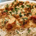 Golden seared chicken thighs nestled in creamy rice with a rich mushroom gravy