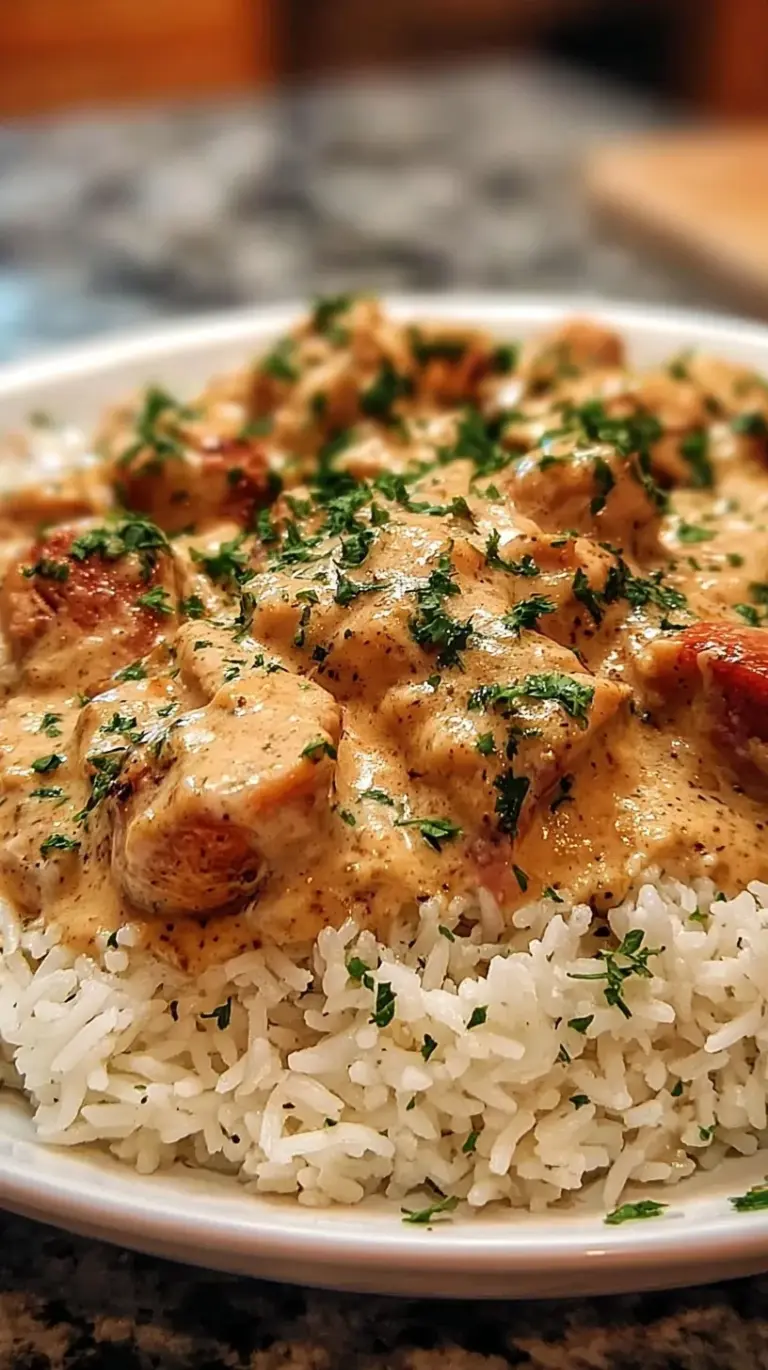 Golden seared chicken thighs nestled in creamy rice with a rich mushroom gravy