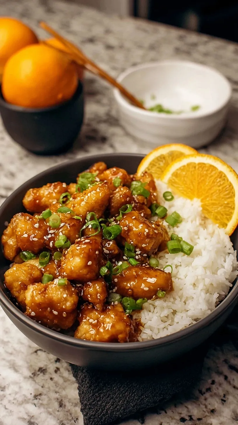Golden brown glazed healthy orange chicken cubes garnished with green onions in a skillet