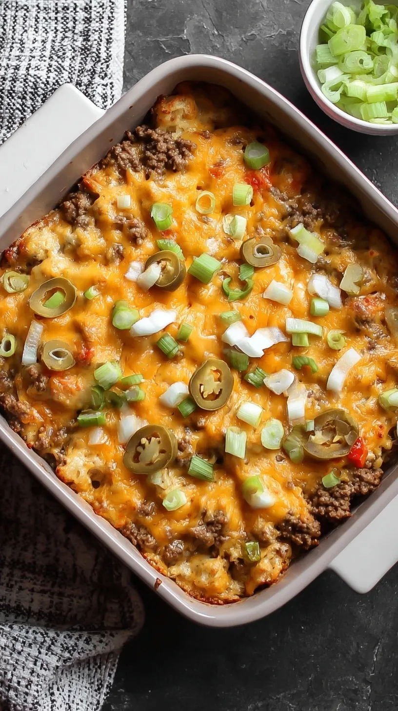 A golden brown ground beef and cauliflower casserole topped with melted cheese, fresh lettuce, and creamy special sauce.