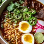 A steaming bowl of birria ramen with shredded beef, fresh cilantro, and lime wedges.