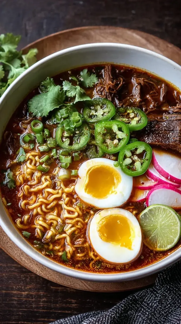 A steaming bowl of birria ramen with shredded beef, fresh cilantro, and lime wedges.