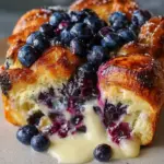 Golden brown croissant casserole with bursting blueberries and creamy filling