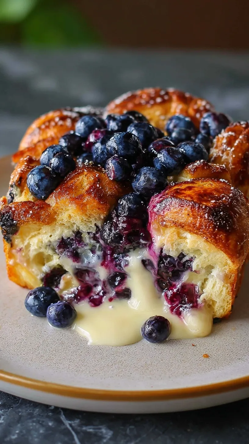 Golden brown croissant casserole with bursting blueberries and creamy filling