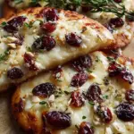 Crispy flatbread topped with melted Brie cheese, tart cranberry sauce, and shredded chicken.