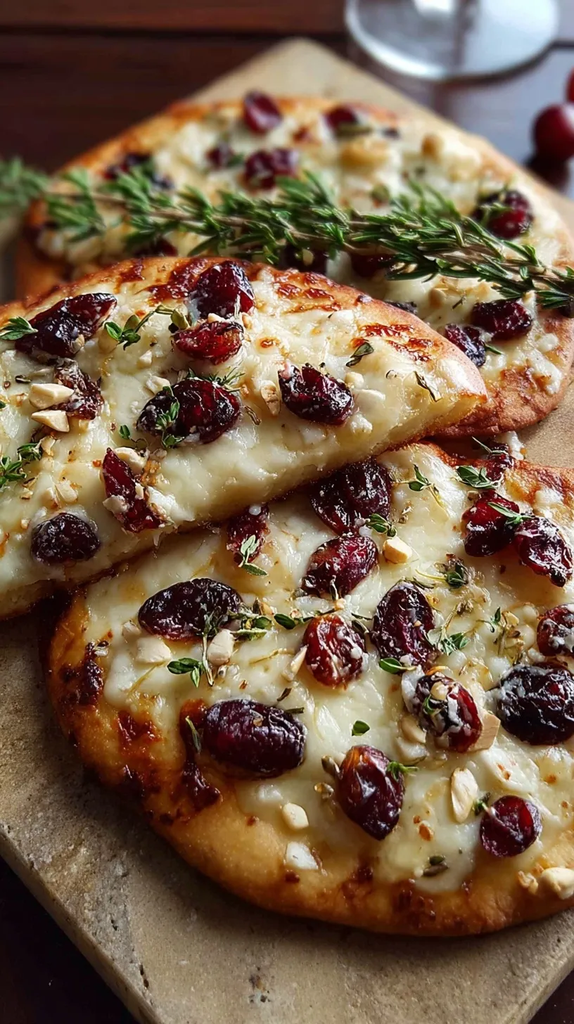 Crispy flatbread topped with melted Brie cheese, tart cranberry sauce, and shredded chicken.