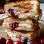 A golden brown sourdough grilled cheese sandwich with melted brie, sliced apples, and cranberry sauce.