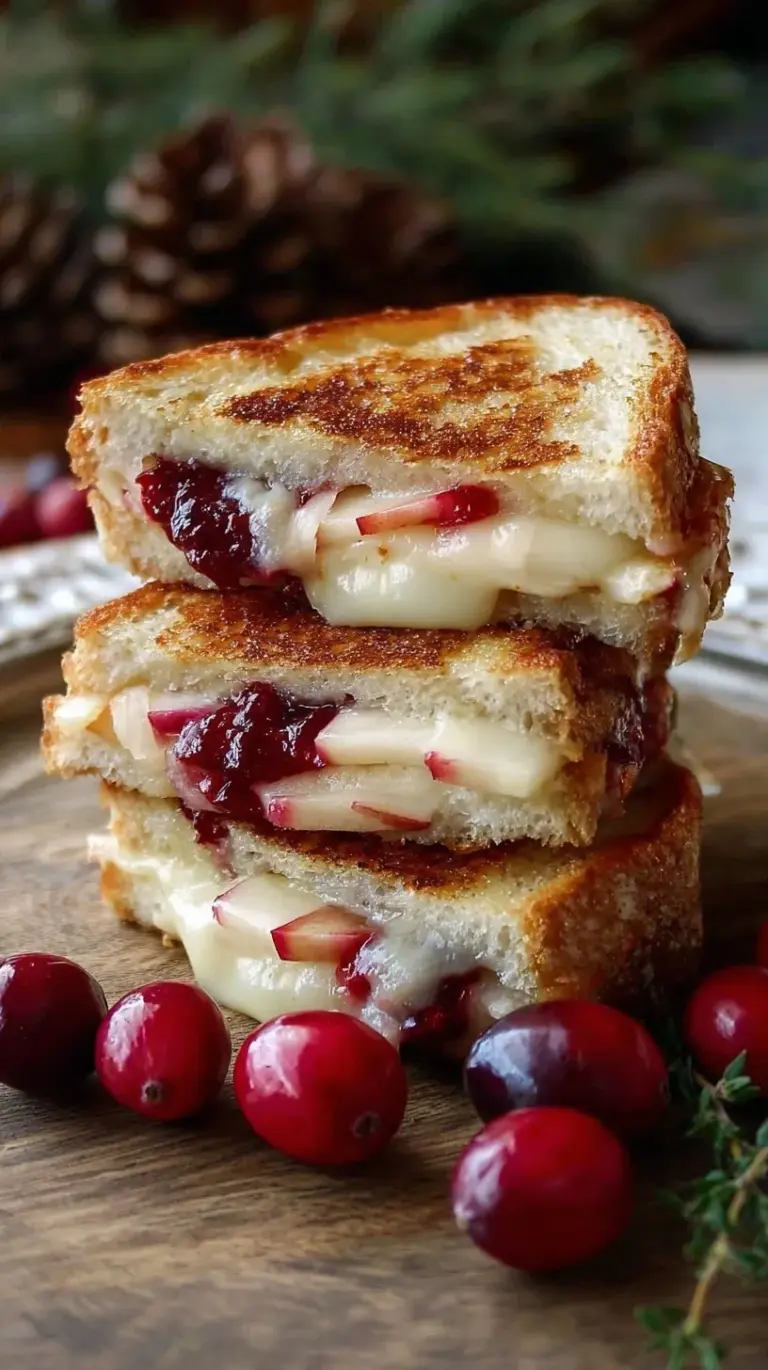 A golden brown sourdough grilled cheese sandwich with melted brie, sliced apples, and cranberry sauce.