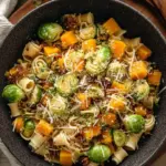 A bowl of whole grain penne pasta tossed with roasted butternut squash, Brussels sprouts, and chickpeas.