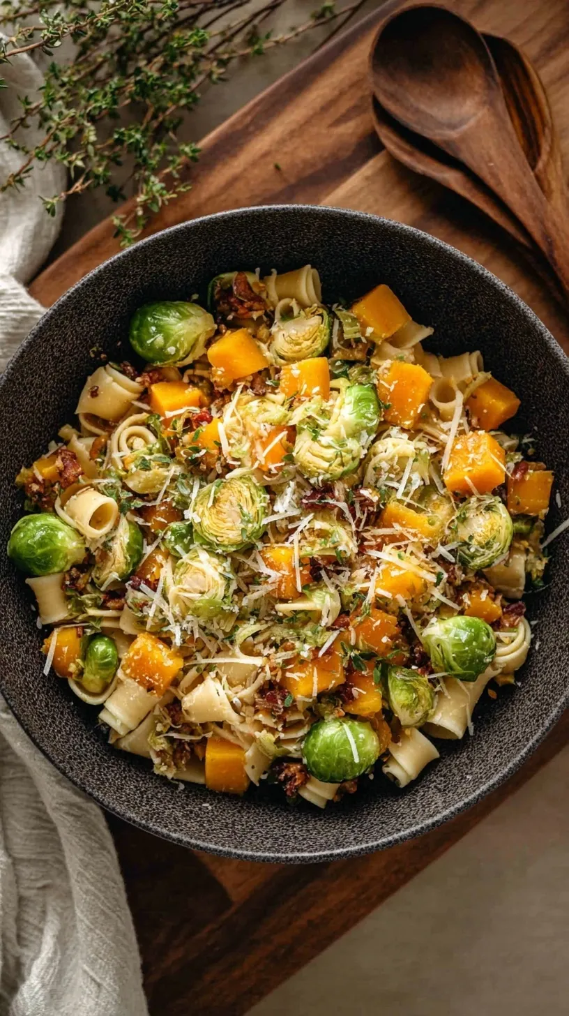 A bowl of whole grain penne pasta tossed with roasted butternut squash, Brussels sprouts, and chickpeas.
