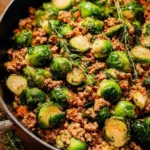 A steaming cast iron skillet filled with browned ground turkey and shredded Brussels sprouts.