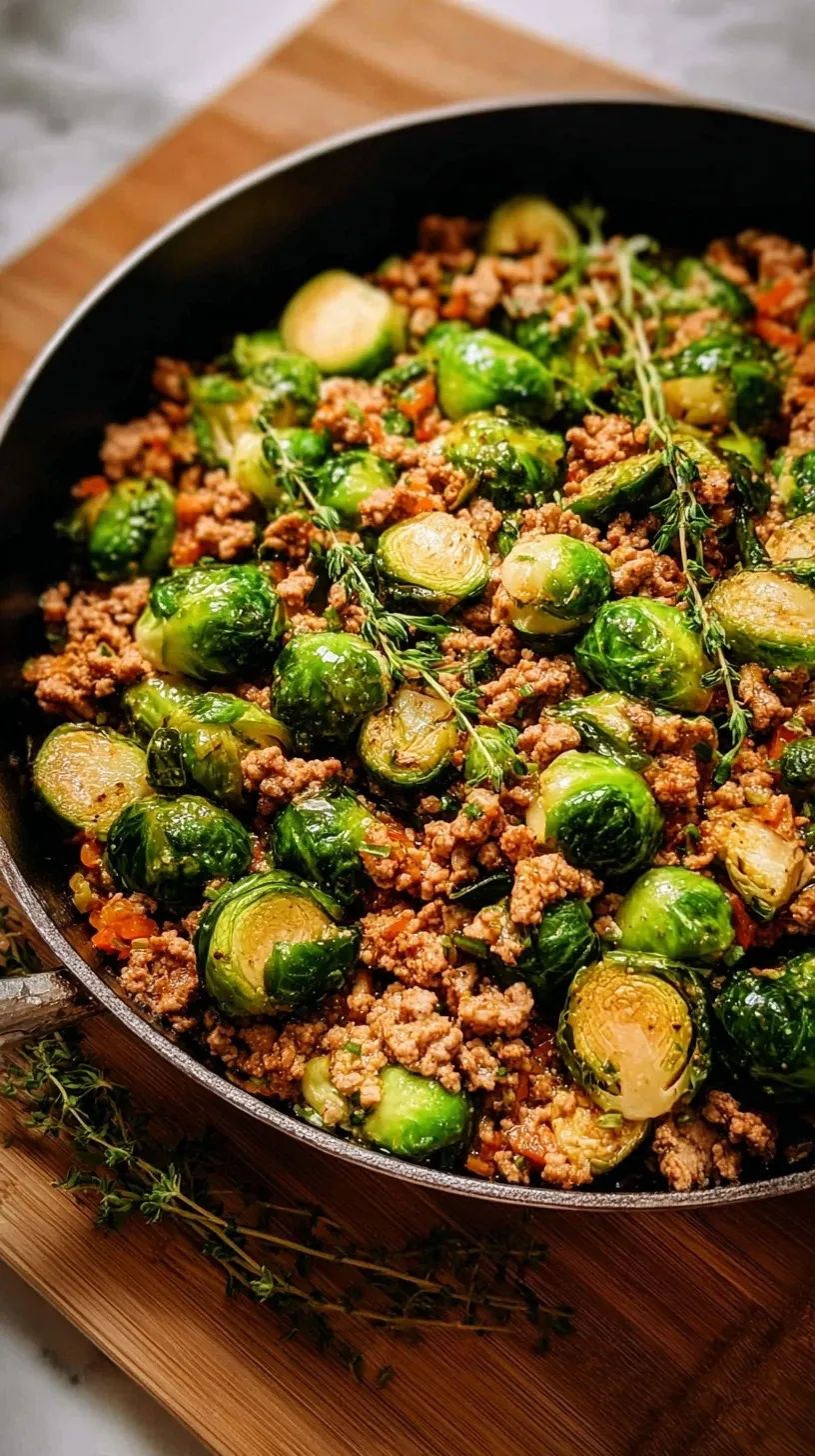 A steaming cast iron skillet filled with browned ground turkey and shredded Brussels sprouts.