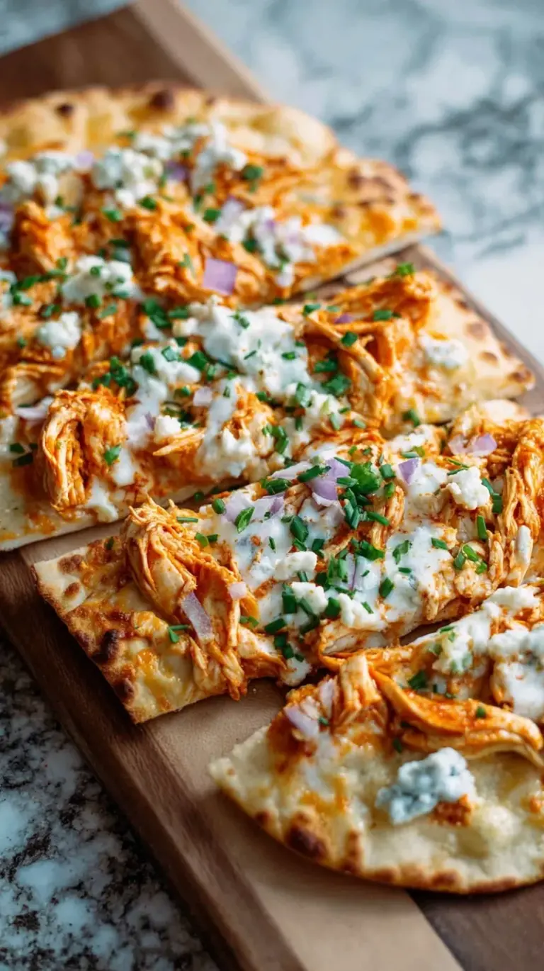 Crispy buffalo chicken flatbread topped with red onions, melted cheese, and a creamy yogurt drizzle