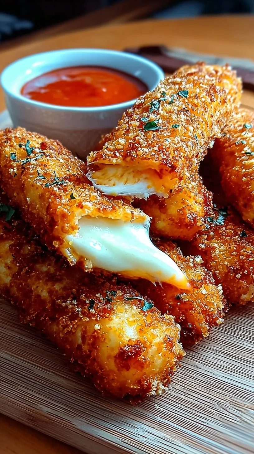 Golden brown buffalo chicken mozzarella sticks stacked on a plate with a side of ranch dressing and celery.