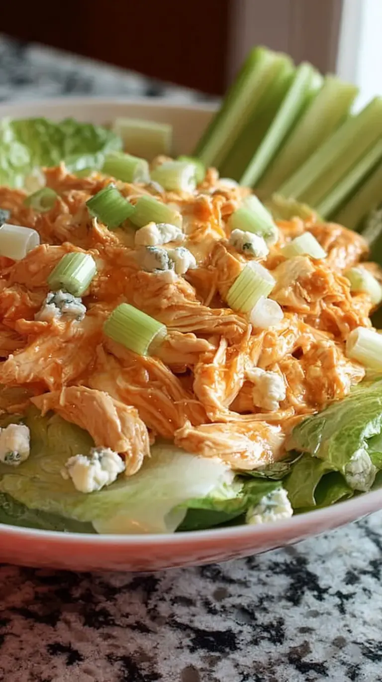 A bowl of creamy buffalo chicken salad with diced celery and red onion