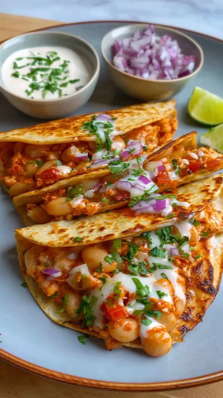 A platter of buffalo white bean tacos topped with crunchy cabbage, blue cheese, and diced celery.
