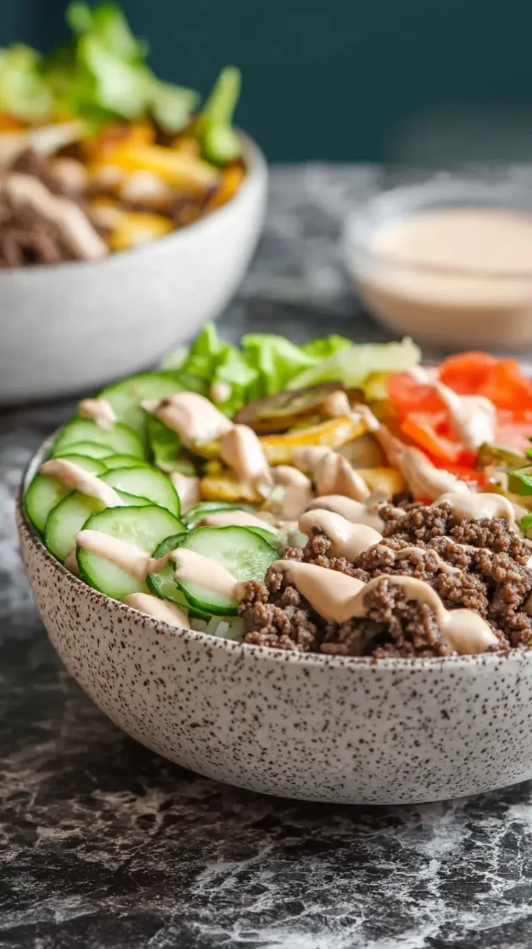 A fresh burger bowl with seasoned ground beef, tomatoes, onions, and pickles drizzled with creamy sauce.