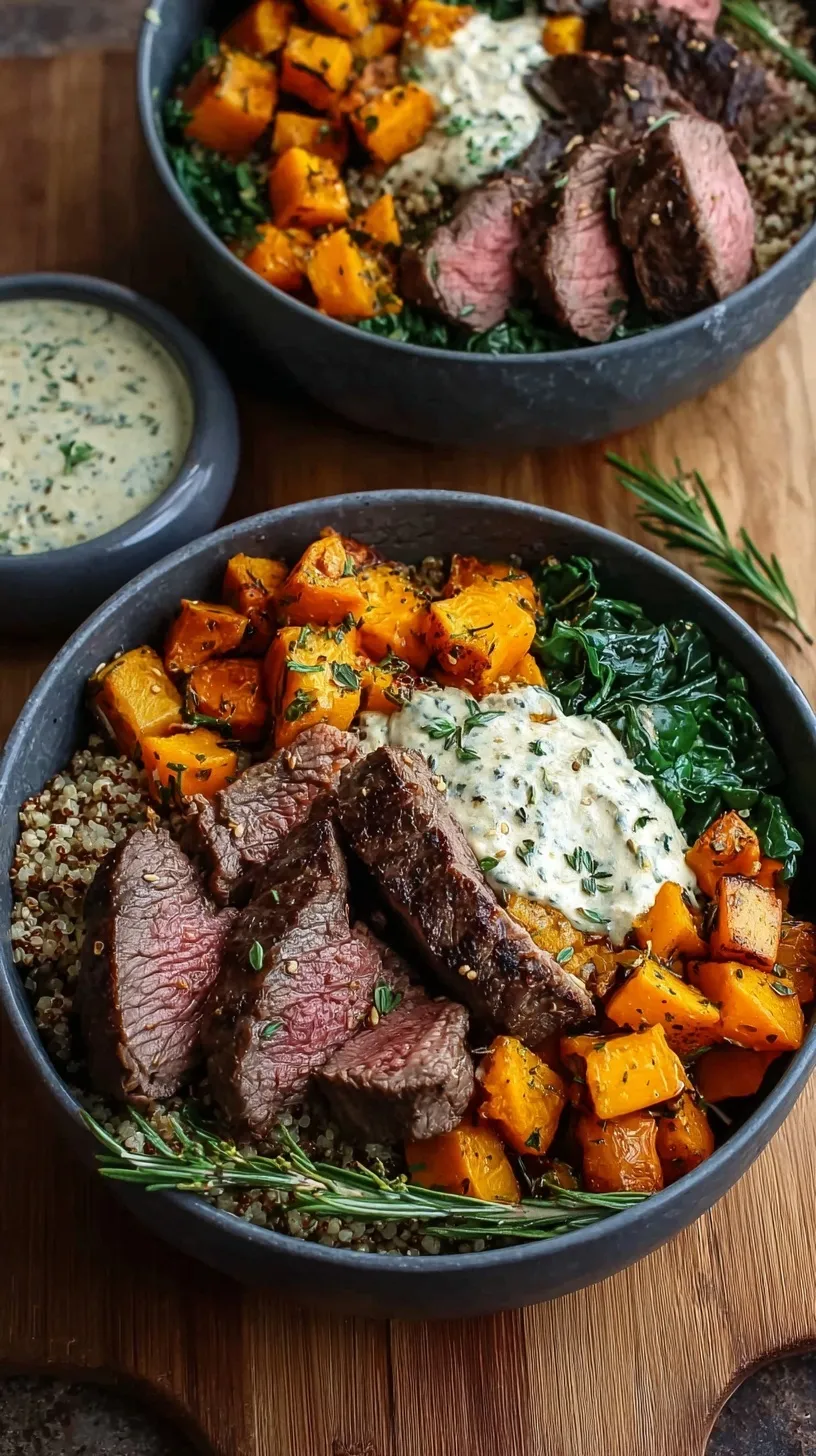 A vibrant meal prep bowl featuring sliced sirloin steak, roasted butternut squash cubes, and quinoa over fresh kale.