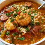 A steaming bowl of Cajun Jambalaya Soup with chicken, sausage, and rice