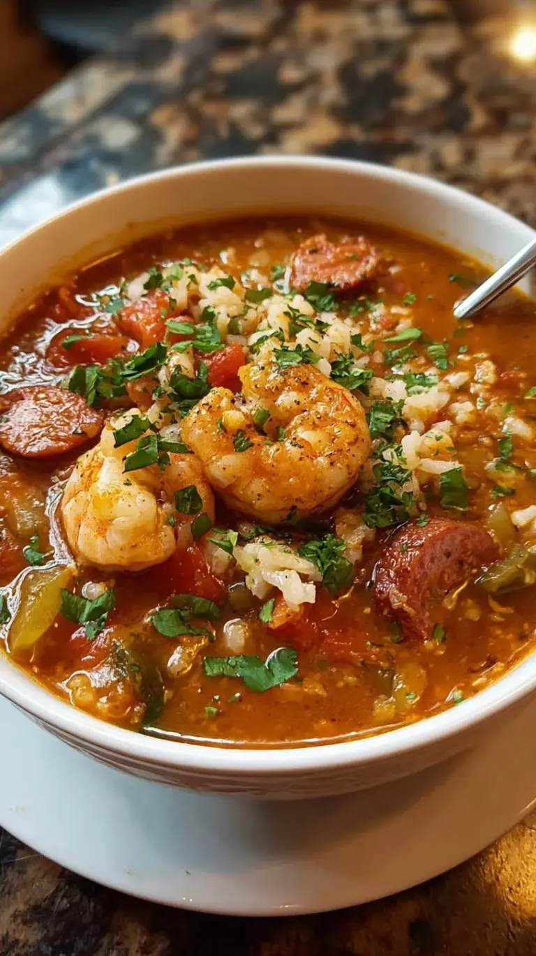 A steaming bowl of Cajun Jambalaya Soup with chicken, sausage, and rice