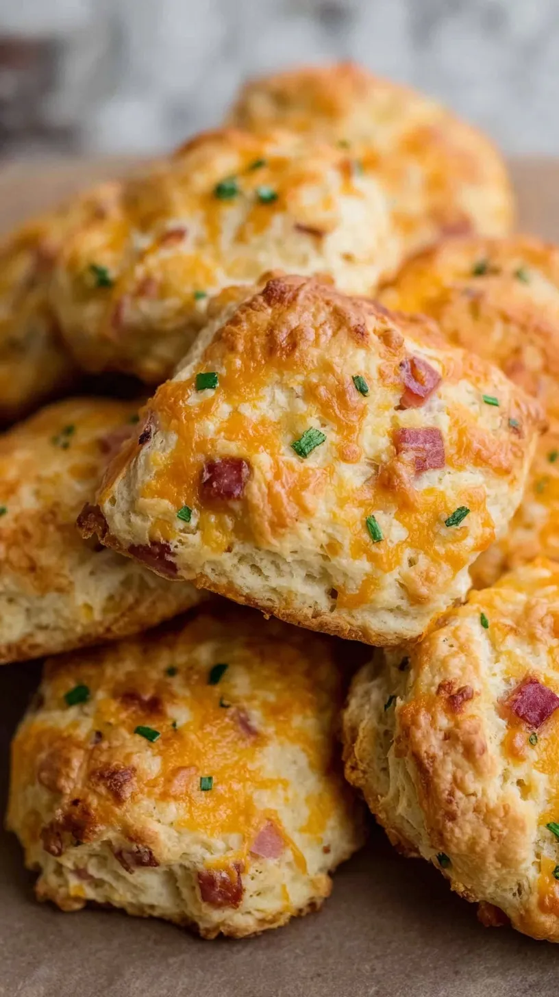 Golden brown Cheddar Ham Protein Biscuits on a parchment-lined baking sheet brushed with melted butter