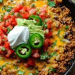 A golden skillet filled with fluffy quinoa, black beans, corn, and melted cheddar cheese topped with fresh cilantro.