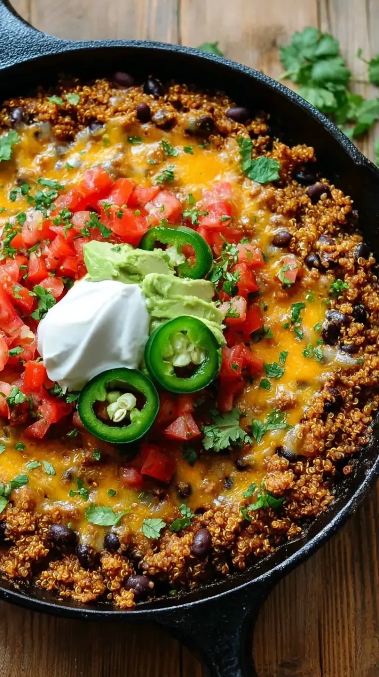 A golden skillet filled with fluffy quinoa, black beans, corn, and melted cheddar cheese topped with fresh cilantro.
