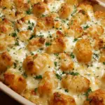 A golden brown chicken alfredo tater tot casserole in a glass baking dish with melted cheese and fresh parsley