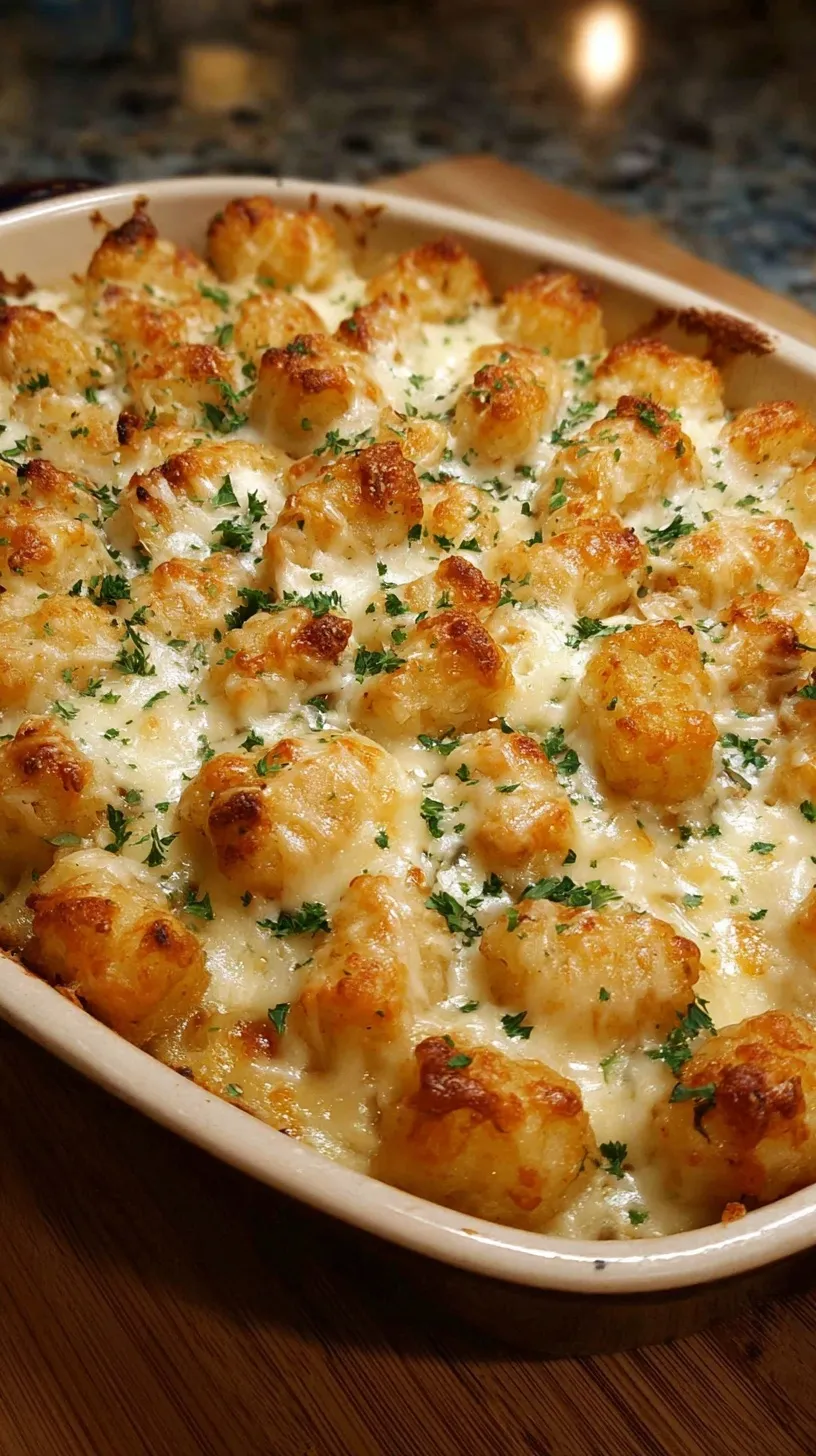 A golden brown chicken alfredo tater tot casserole in a glass baking dish with melted cheese and fresh parsley