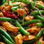 A steaming pan of sliced chicken breast and bright green beans in a glossy brown sauce.
