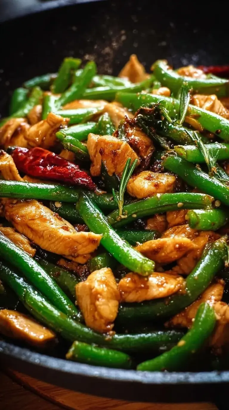 A steaming pan of sliced chicken breast and bright green beans in a glossy brown sauce.