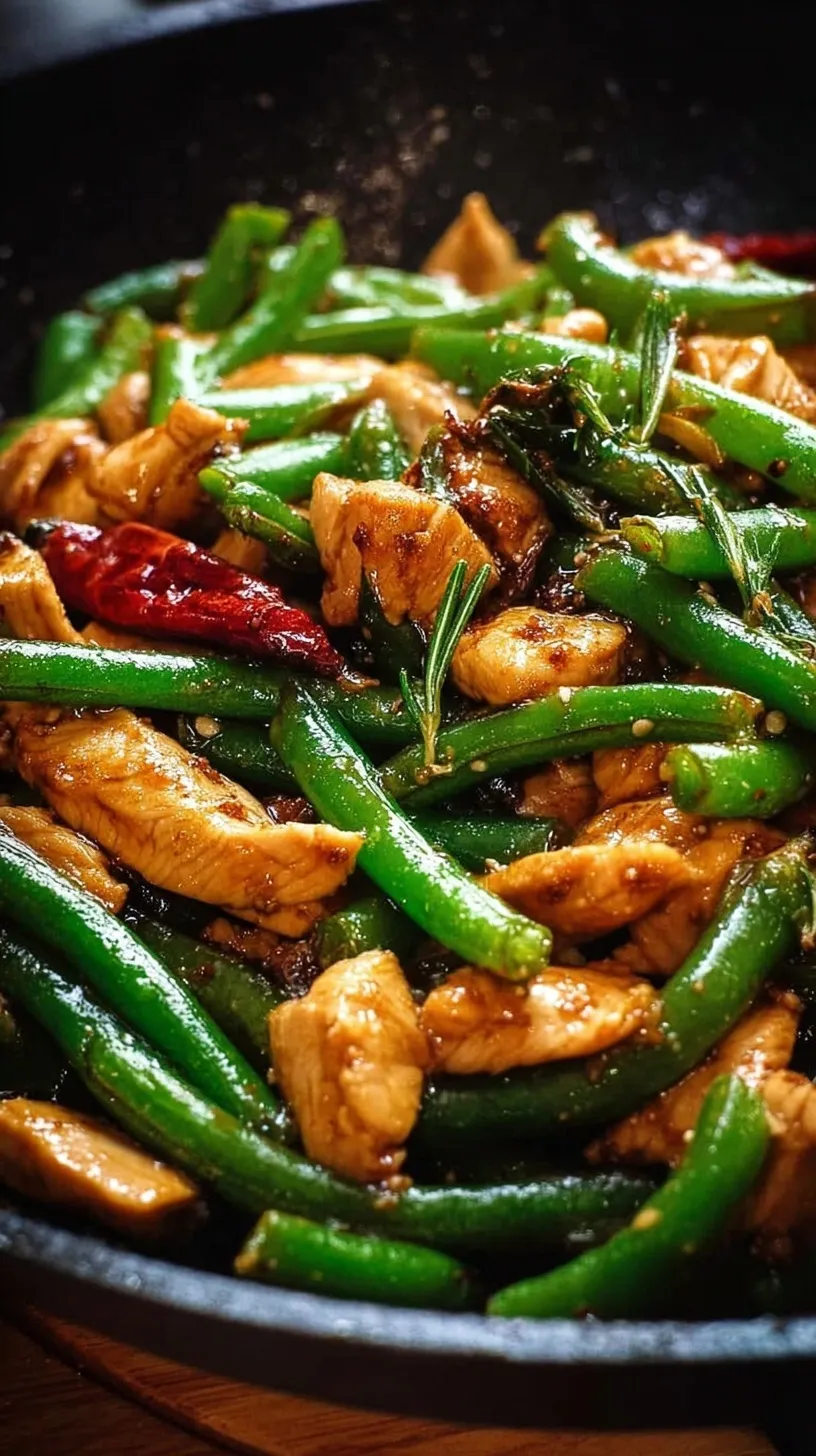 A steaming pan of sliced chicken breast and bright green beans in a glossy brown sauce.