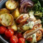 A high-protein chicken potato bowl with roasted potatoes and steamed broccoli in a meal prep container