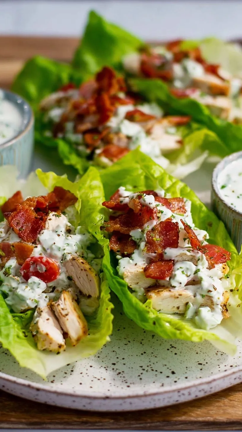 Fresh butter lettuce leaves filled with creamy ranch chicken, crispy bacon, and melted cheddar cheese.