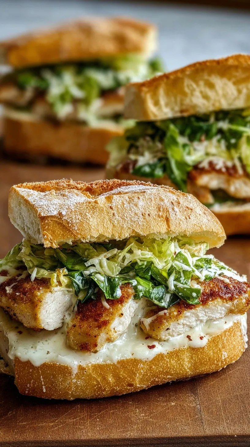 A toasted ciabatta sandwich filled with sliced Caesar chicken, romaine lettuce, and Parmesan cheese.