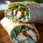 A sliced High Protein Chicken Caesar Wrap showing grilled chicken, green romaine, and creamy dressing