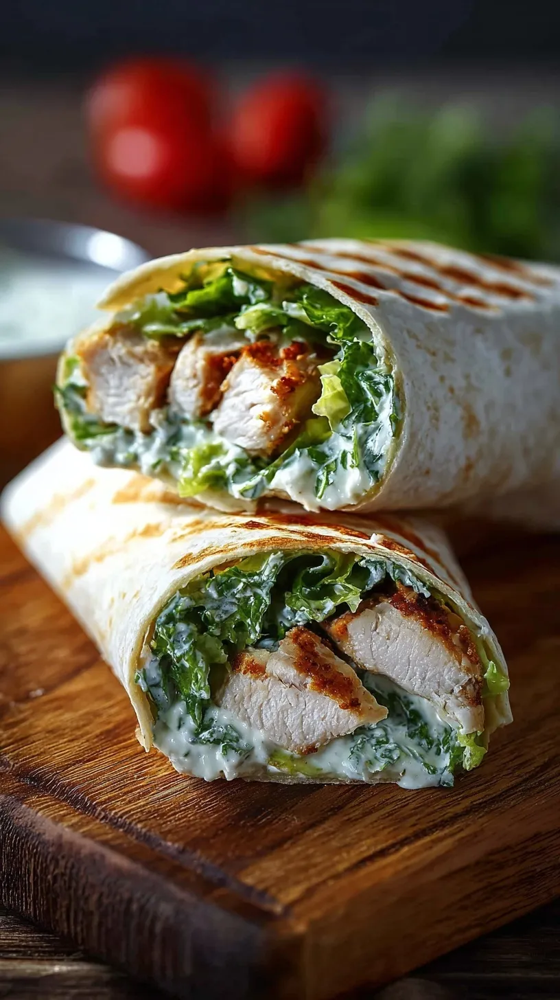 A sliced High Protein Chicken Caesar Wrap showing grilled chicken, green romaine, and creamy dressing
