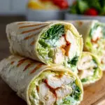 Two sliced Chicken Caesar Wraps filled with grilled chicken, romaine lettuce, and parmesan cheese on a white plate.