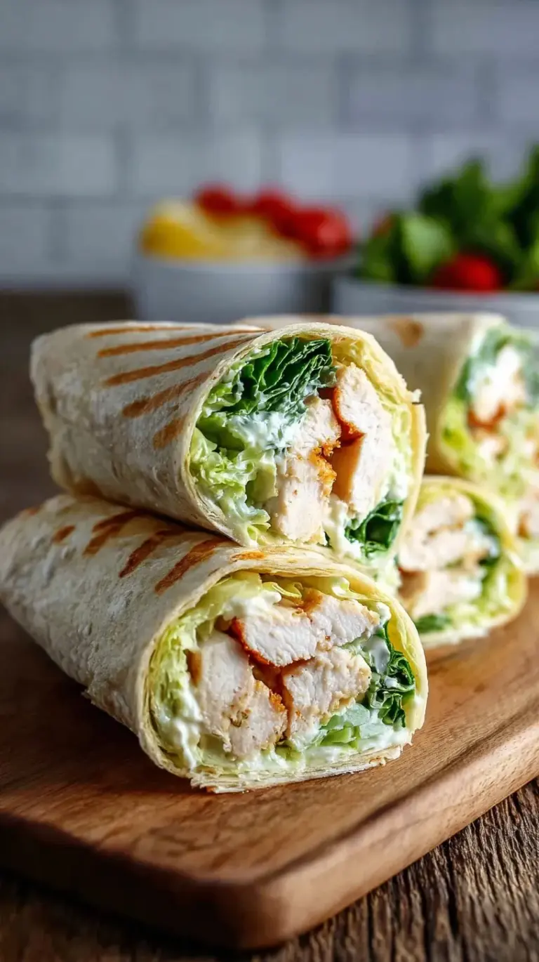 Two sliced Chicken Caesar Wraps filled with grilled chicken, romaine lettuce, and parmesan cheese on a white plate.