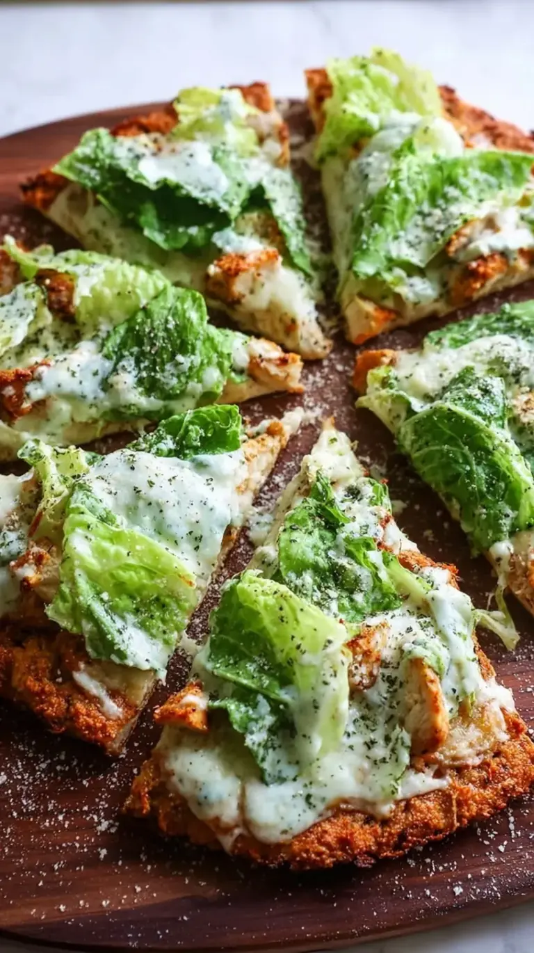A golden chicken crust pizza topped with fresh Caesar salad and cherry tomatoes