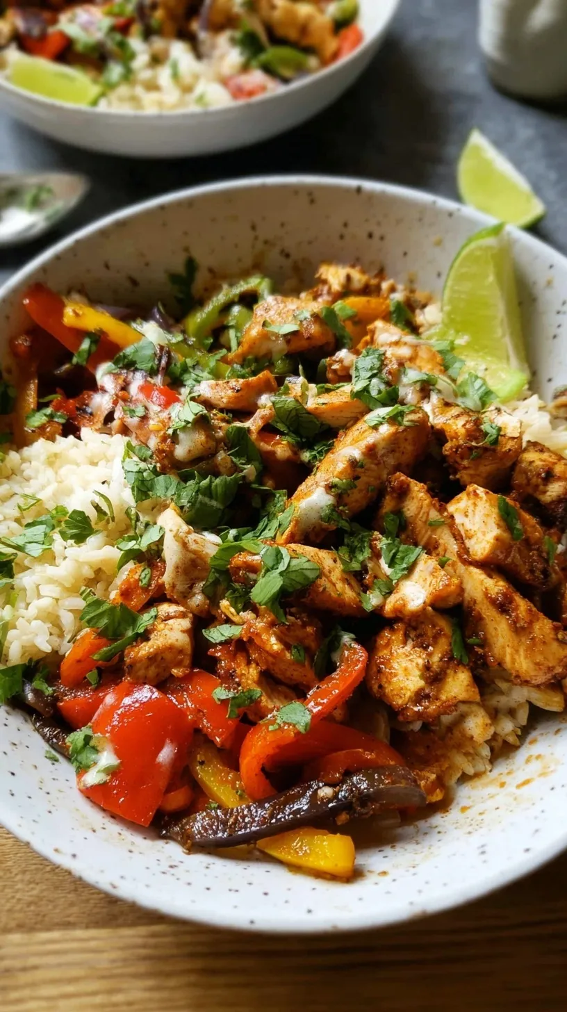 High-protein chicken fajita bowls with peppers, onions, black beans, and corn in meal prep containers.