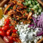 A colorful Chicken Gyro Bowl with grilled chicken, fresh cucumbers, tomatoes, olives, and creamy tzatziki over rice.