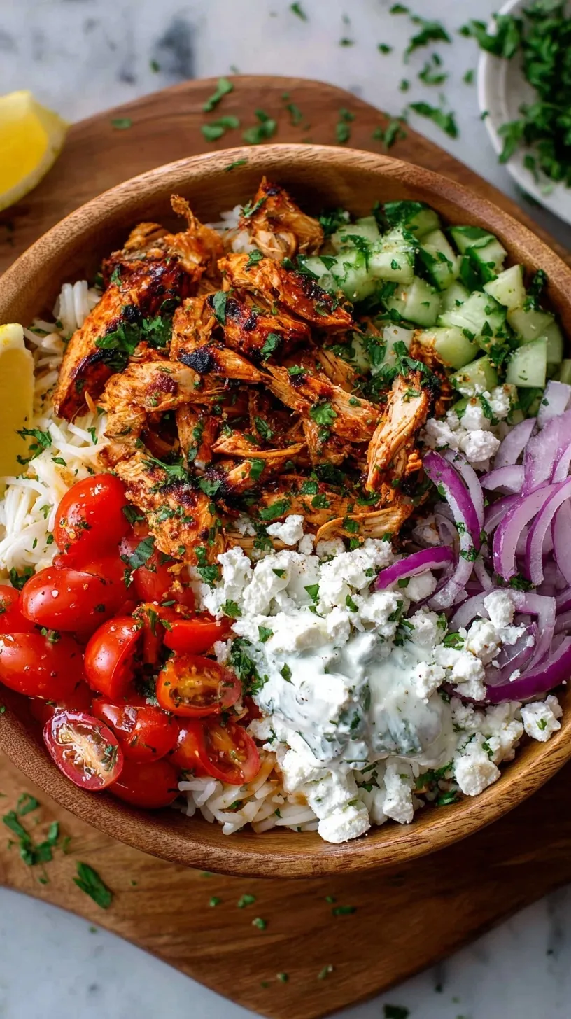 A colorful Chicken Gyro Bowl with grilled chicken, fresh cucumbers, tomatoes, olives, and creamy tzatziki over rice.
