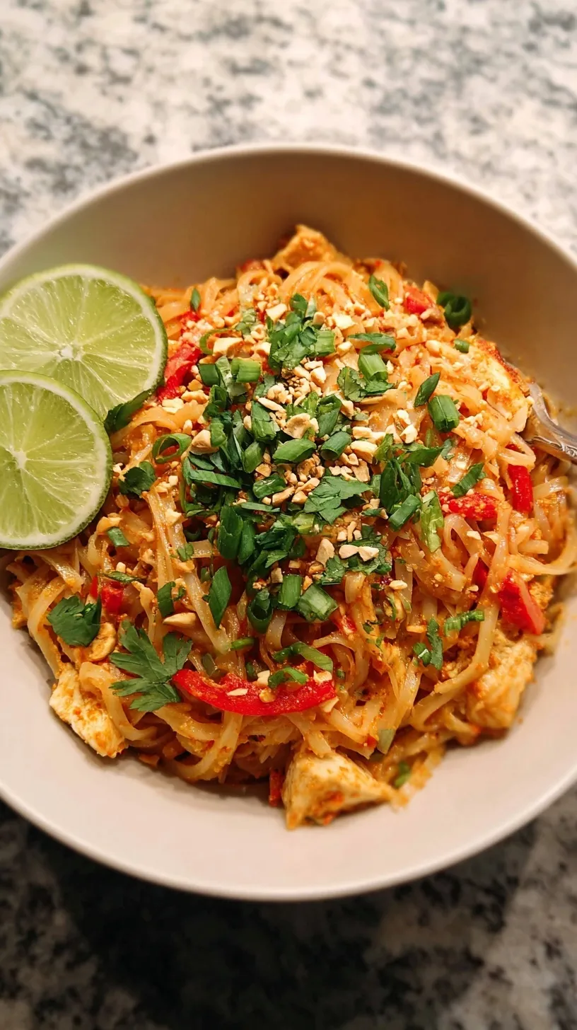 A plate of fresh Chicken Pad Thai garnished with crushed peanuts, cilantro, and lime wedges.